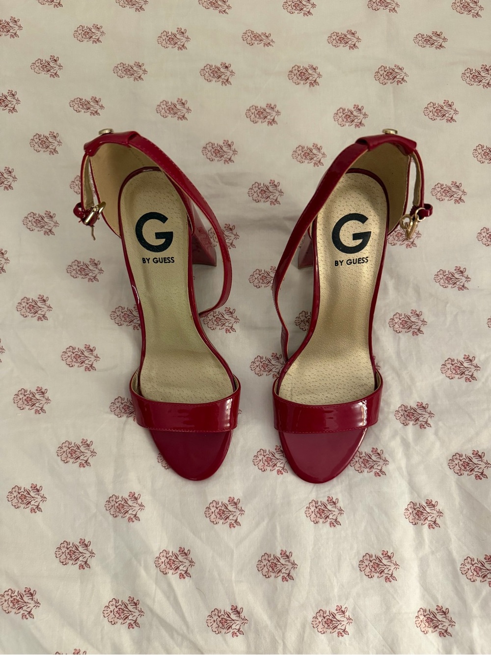 G by Guess Glossy Red Open-Toe Ankle-Strap Heels